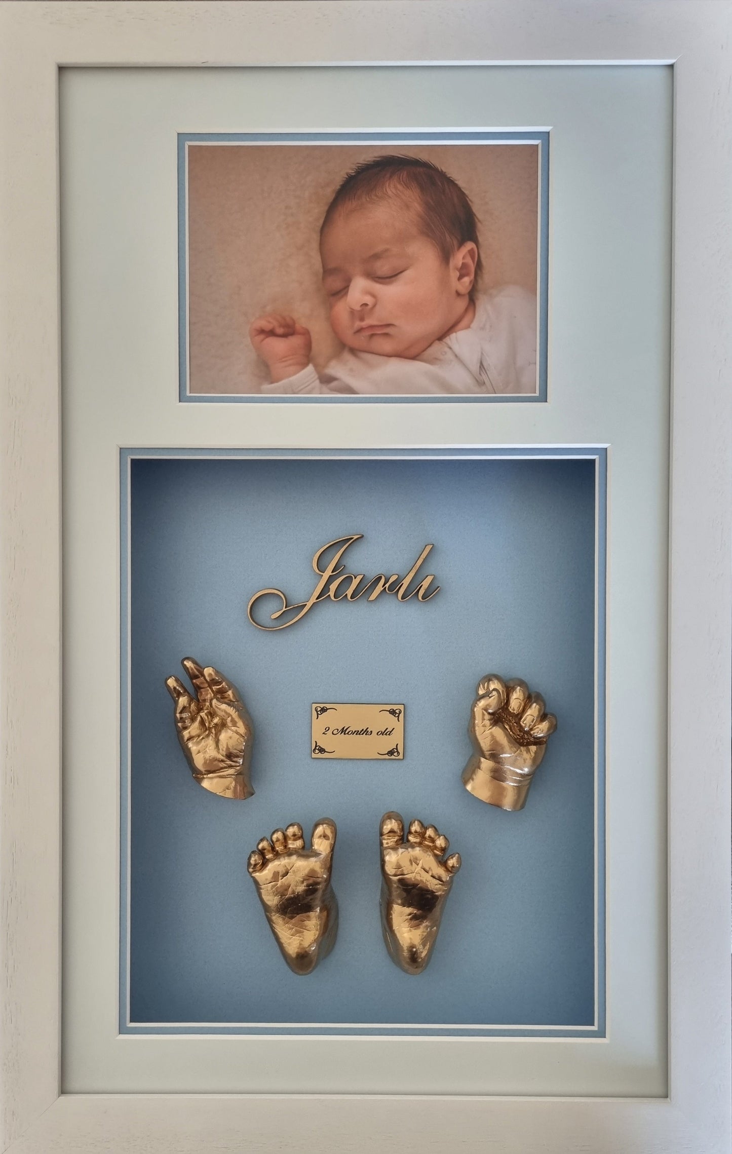 Framed Babies hand and feet impressions with photo and wooden name cut out