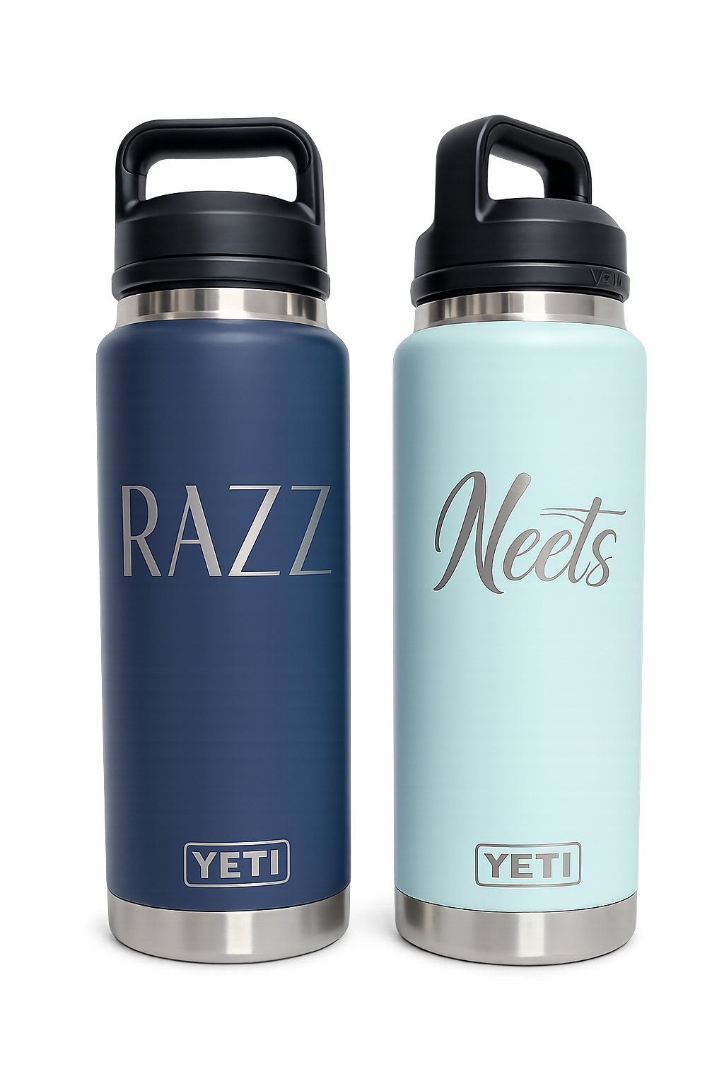 Two YETI water bottles, one navy and one light blue, with names engraved